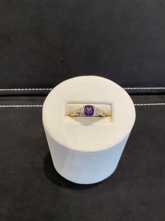 Cushion Cut Bezel Set Purple Amethyst 14KT Yellow Gold Ring with Channel Set Round Brilliant Cut Diamond Accents