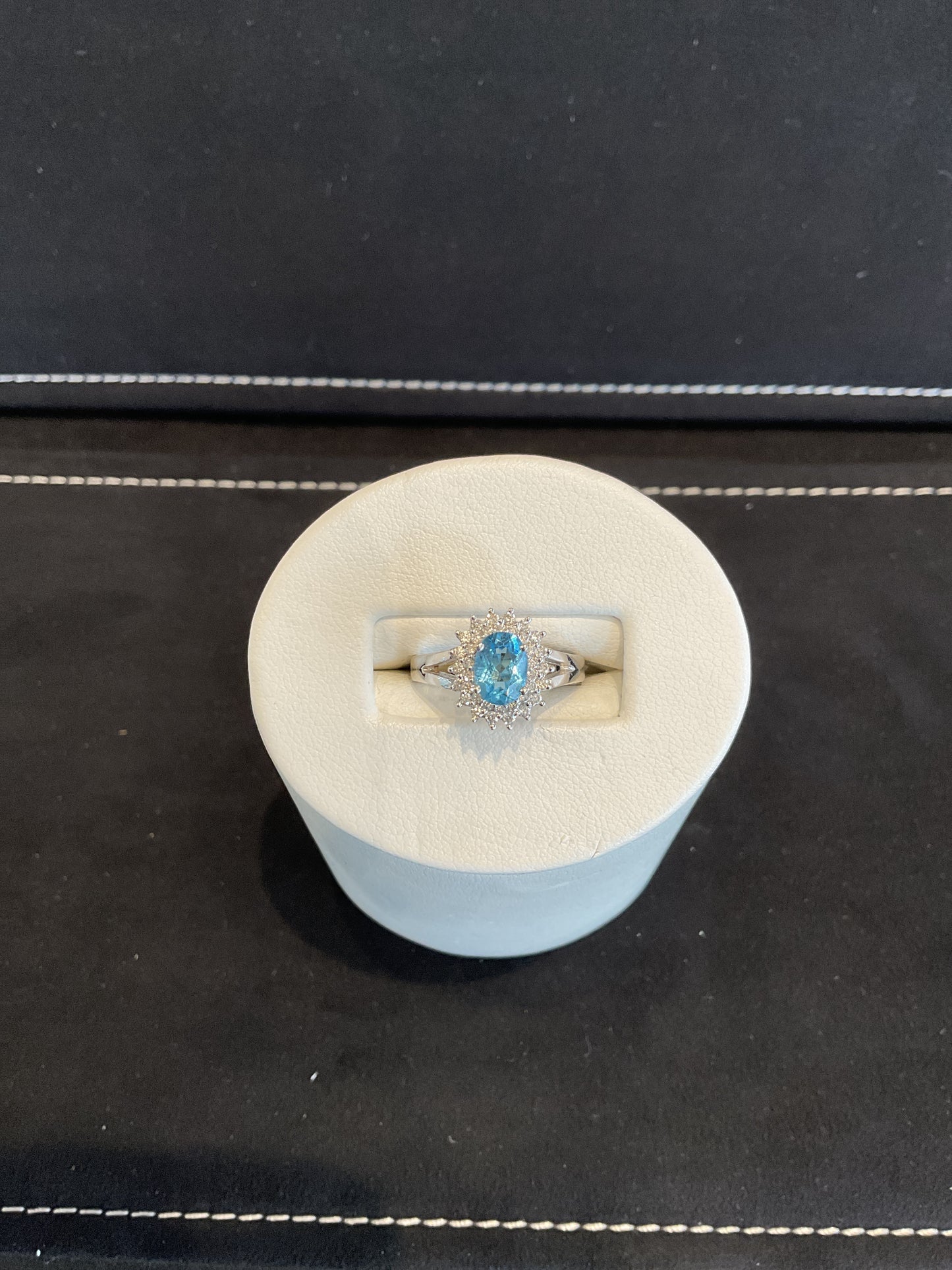 Oval Cut Blue Topaz 14KT White Gold Vintage Ring with Round Brilliant Cut Diamond Halo