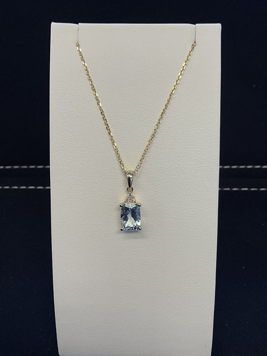 Radiant Cut Aquamarine with Round Diamond Accents 14KT Yellow Gold Necklace 18" Chain