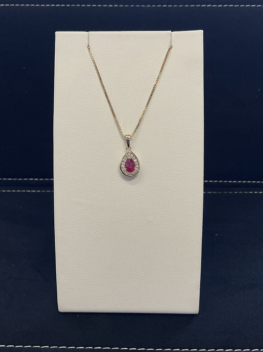 Pear Shape Ruby with Channel Set Diamond Halo Necklace 18" 10KT Yellow Gold Chain