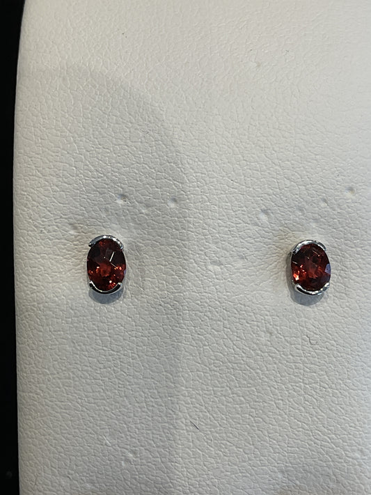 Oval Checkered Cut Red Garnet Half Bezel Set 14KT White Gold Stud Earrings