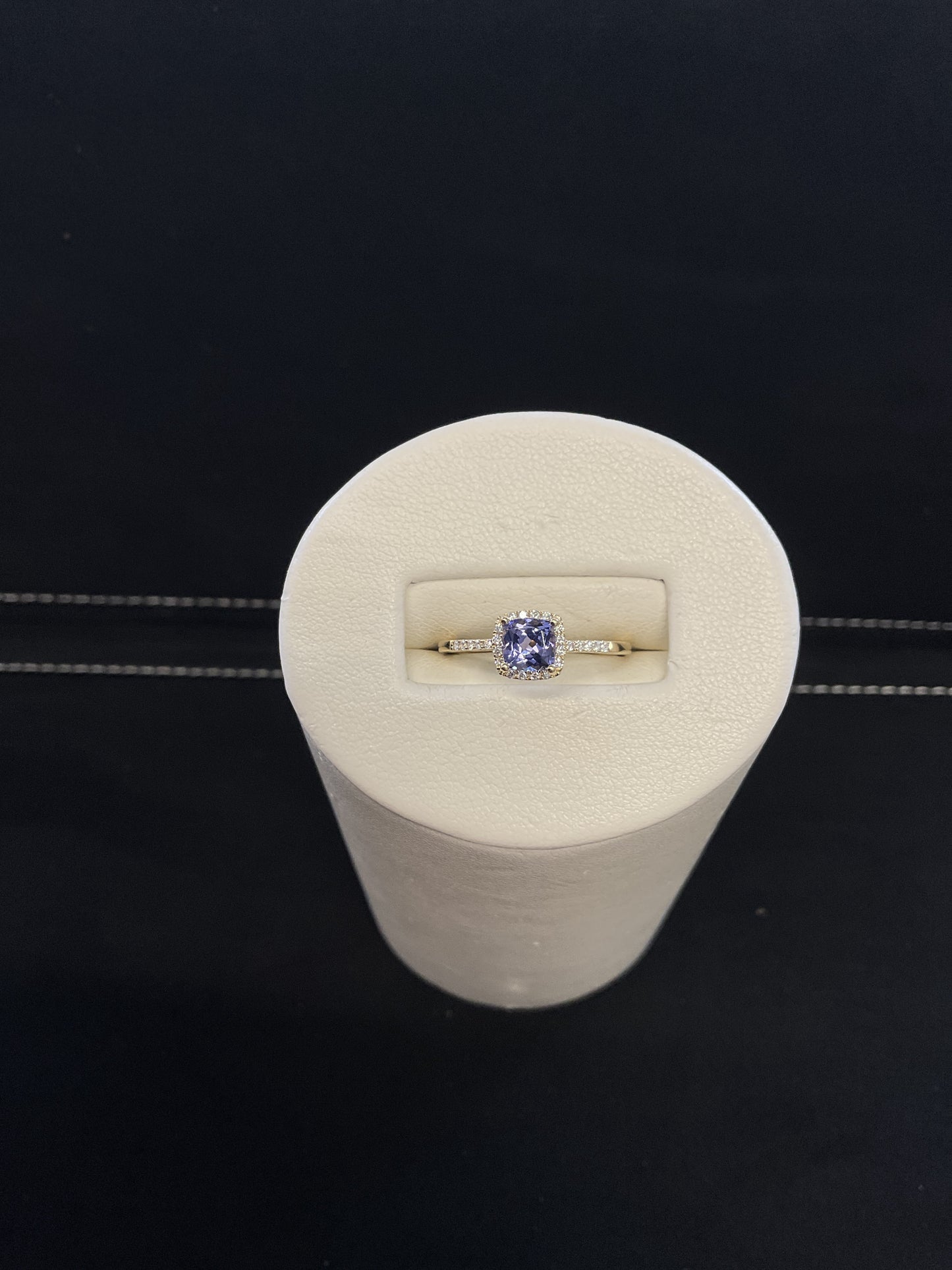 Cushion Cut Tanzanite 14KT Yellow Gold Ring with Diamond Halo