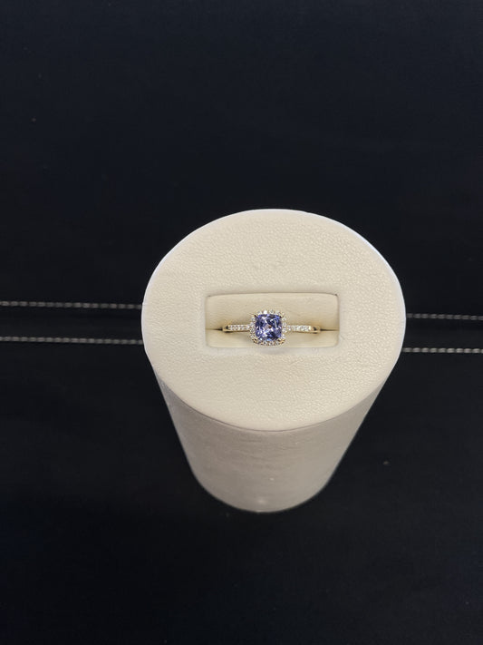 Cushion Cut Tanzanite 14KT Yellow Gold Ring with Diamond Halo