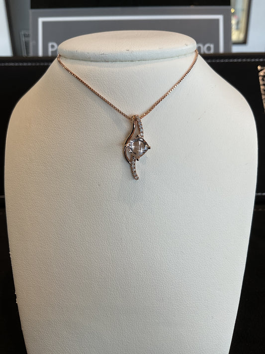 Checkered Cushion Cut Morganite with Round Brilliant Cut Diamond Accents 14KT Rose Gold Fancy Drop Necklace 18" 14KT Rose Gold Chain