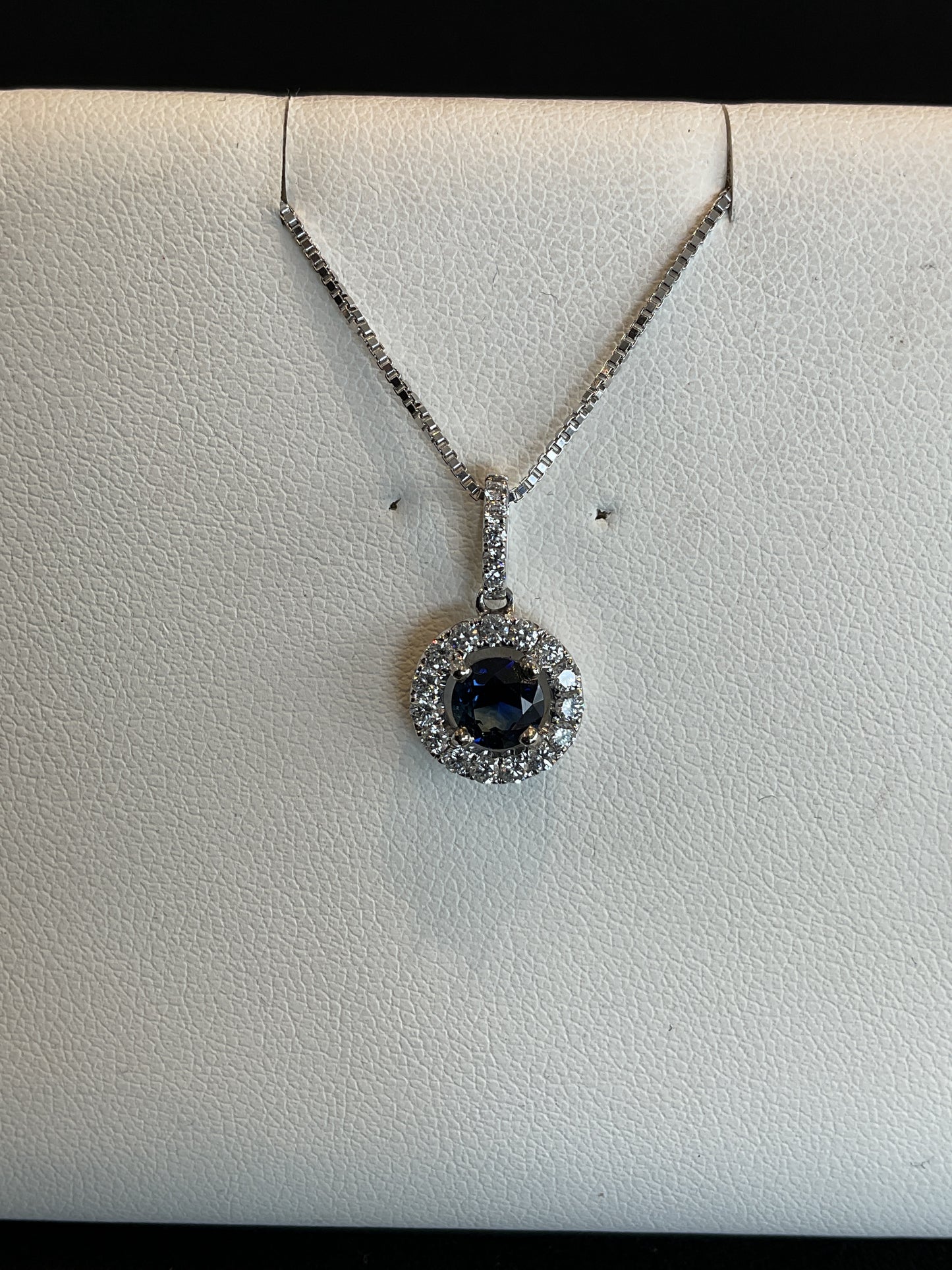Round Cut Blue Sapphire with Round Brilliant Cut Diamond Halo Setting 14KT White Gold Necklace 18" 14KT White Gold Chain