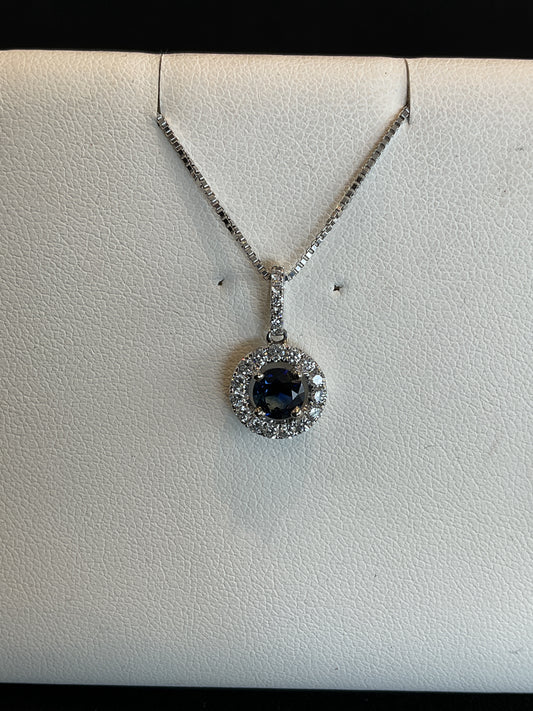 Round Cut Blue Sapphire with Round Brilliant Cut Diamond Halo Setting 14KT White Gold Necklace 18" 14KT White Gold Chain
