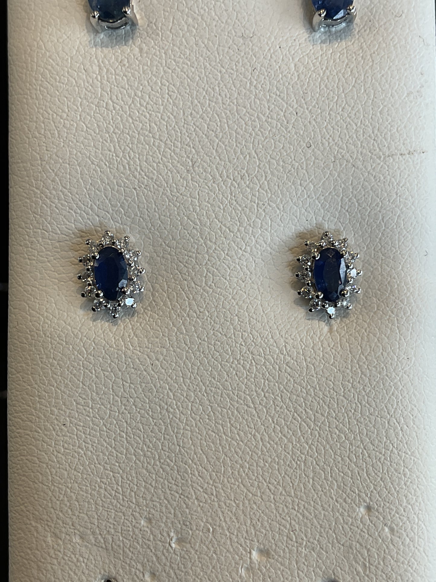 Oval Cut Blue Sapphire Prong Set 14KT White Gold Round Brilliant Cut Diamond Halo Stud Earrings