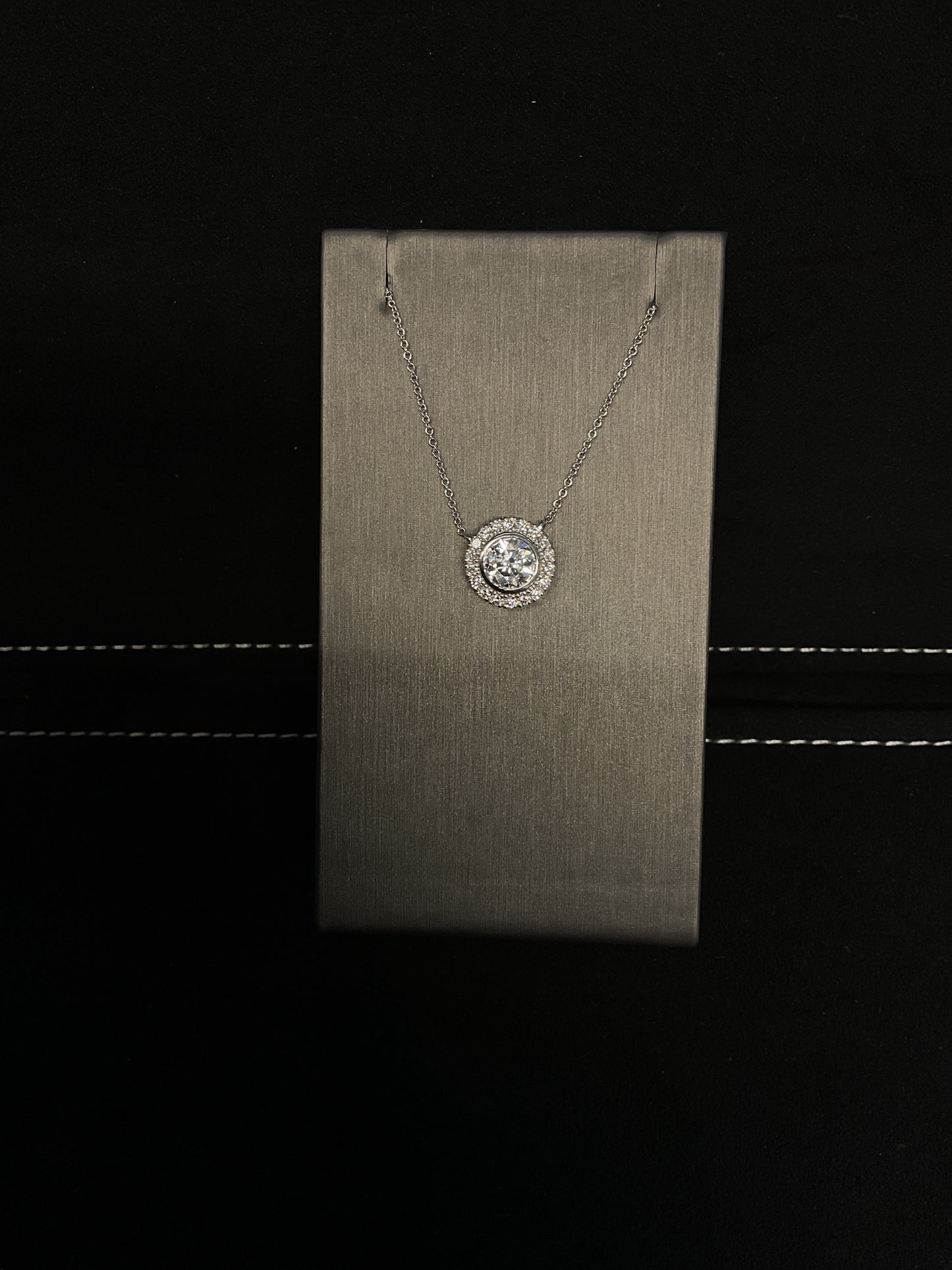 1.37CTW Round Cut Bezel Set Lab Grown Diamond 14KT White Gold Necklace with Round Brilliant Cut Lab Grown Diamond Halo with 18" Chain