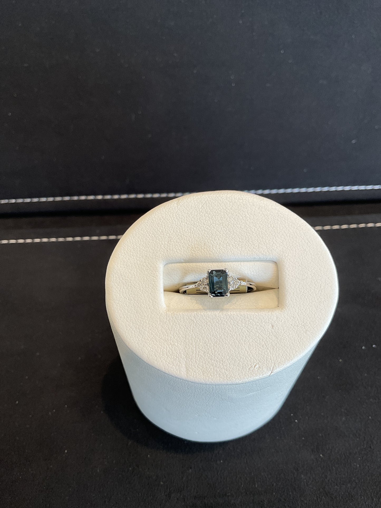 Emerald Cut Blue Sapphire 14KT White Gold Ring with 6 Round Brilliant Cut Diamond Accents