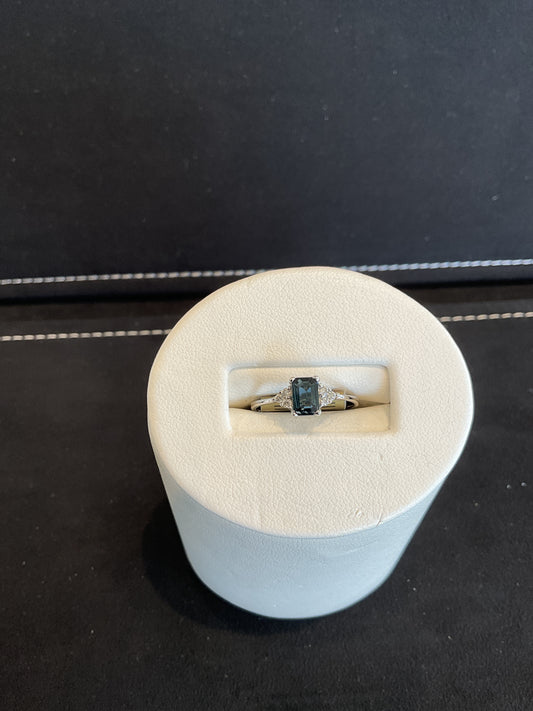 Emerald Cut Blue Sapphire 14KT White Gold Ring with 6 Round Brilliant Cut Diamond Accents