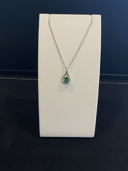 Oval Cut Tsavorite with Round Brilliant Cut Diamond Accents 14KT White Gold Drop Necklace 18" 10KT Chain