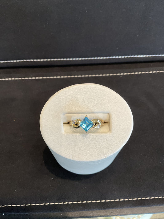 Square Step Cut Blue Topaz 14KT Yellow Gold Fancy Ring with Round Brilliant Cut Diamond Bezel Set Accents