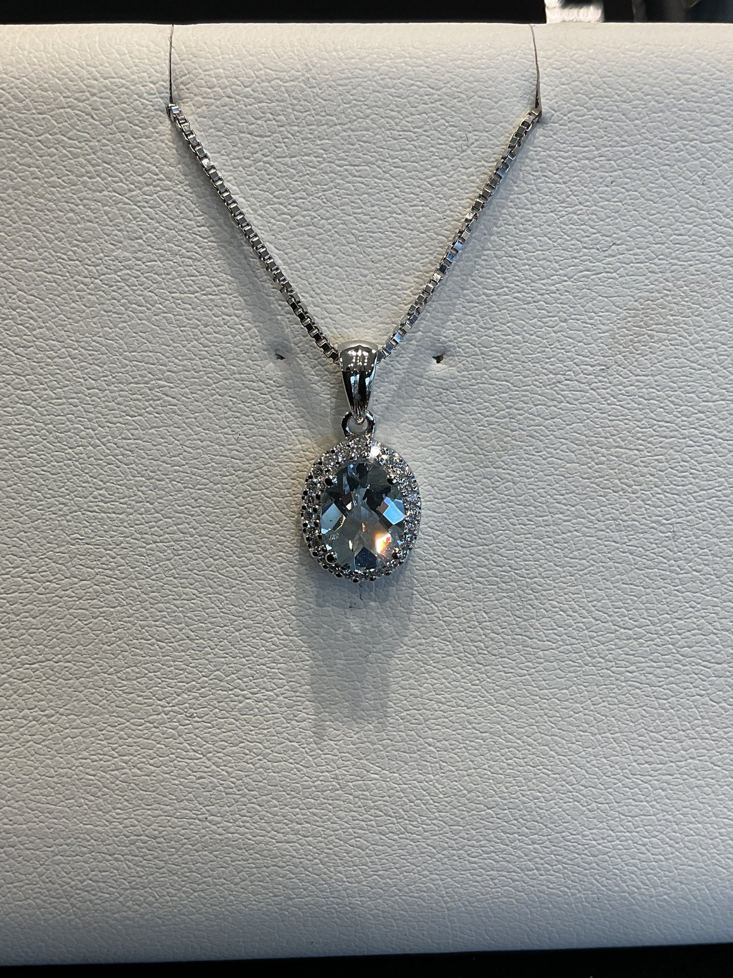 Oval Cut Aquamarine with Round Brilliant Cut Diamond Halo Setting 14KT White Gold Necklace 18" 14KT White Gold Chain