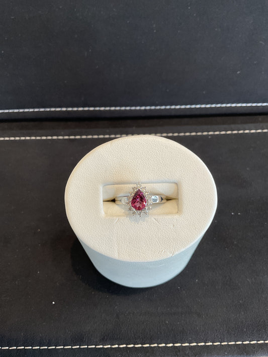 Pink Tourmaline Pear,.50-Dia Halo 7 Ring 14WG LLRYR