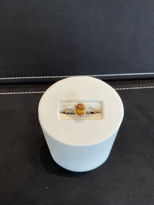 Oval Checkered Cut Citrine 14KT Yellow Gold Ring with Round Brilliant Cut Diamond Halo and Shank