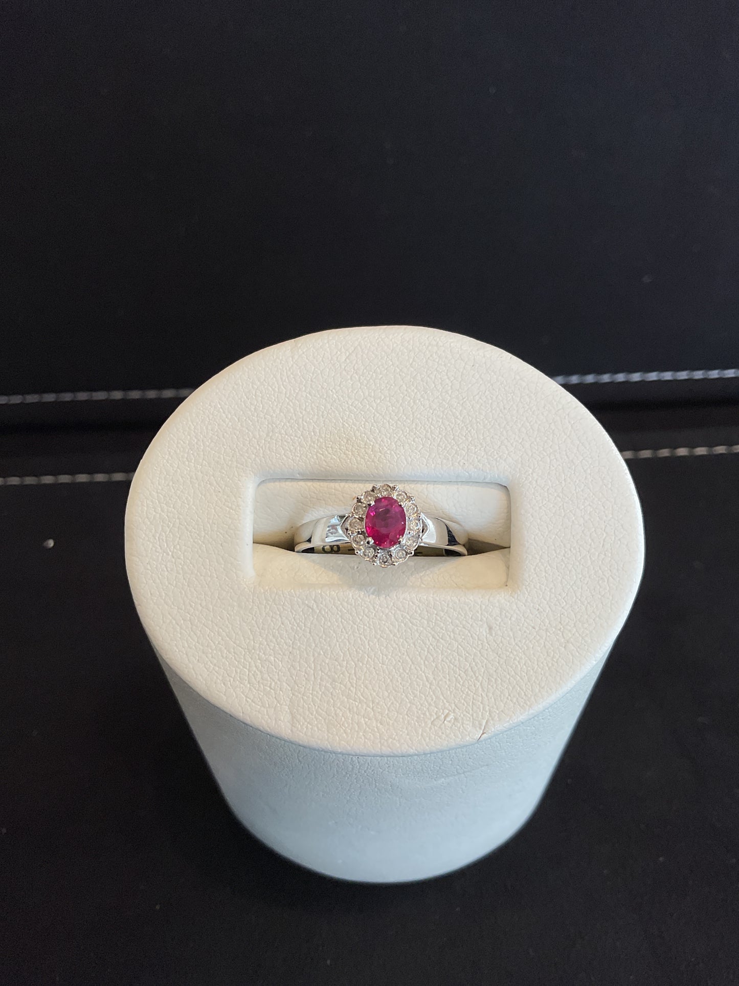 Oval Cut Red Ruby 14KT White Gold Ring with Round Brilliant Cut Diamond Halo