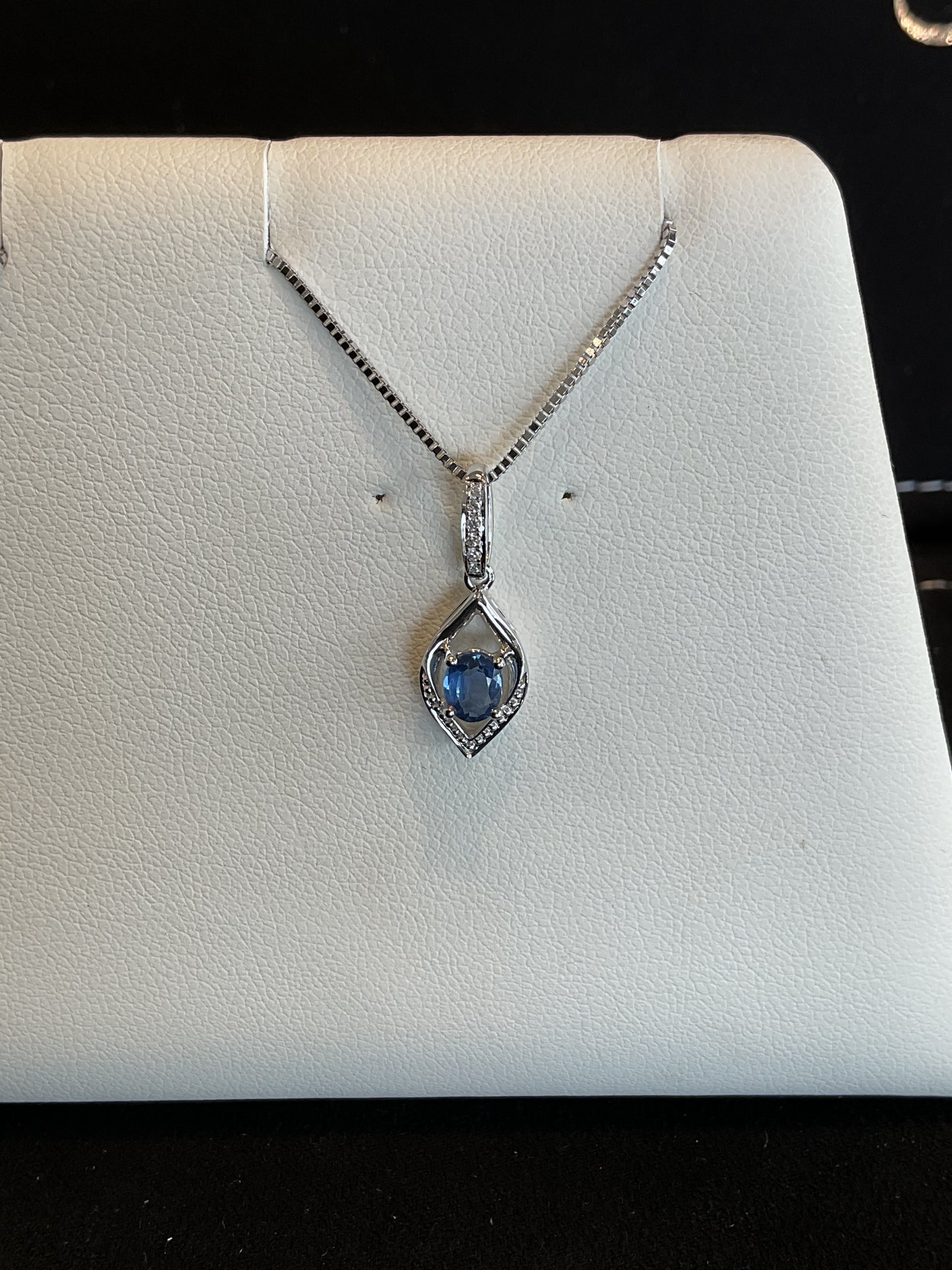 Oval Cut Blue Sapphire with Round Brilliant Cut Diamond Accents 14KT White Gold Drop Necklace 18" 10KT White Gold Chain