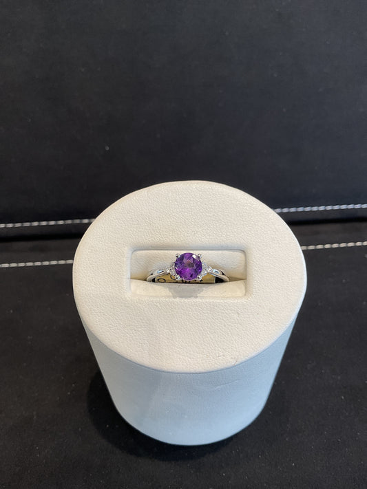 Round Checkerboard Cut Purple Amethyst 14KT White Gold Ring with Round Brilliant Cut Diamond Accents