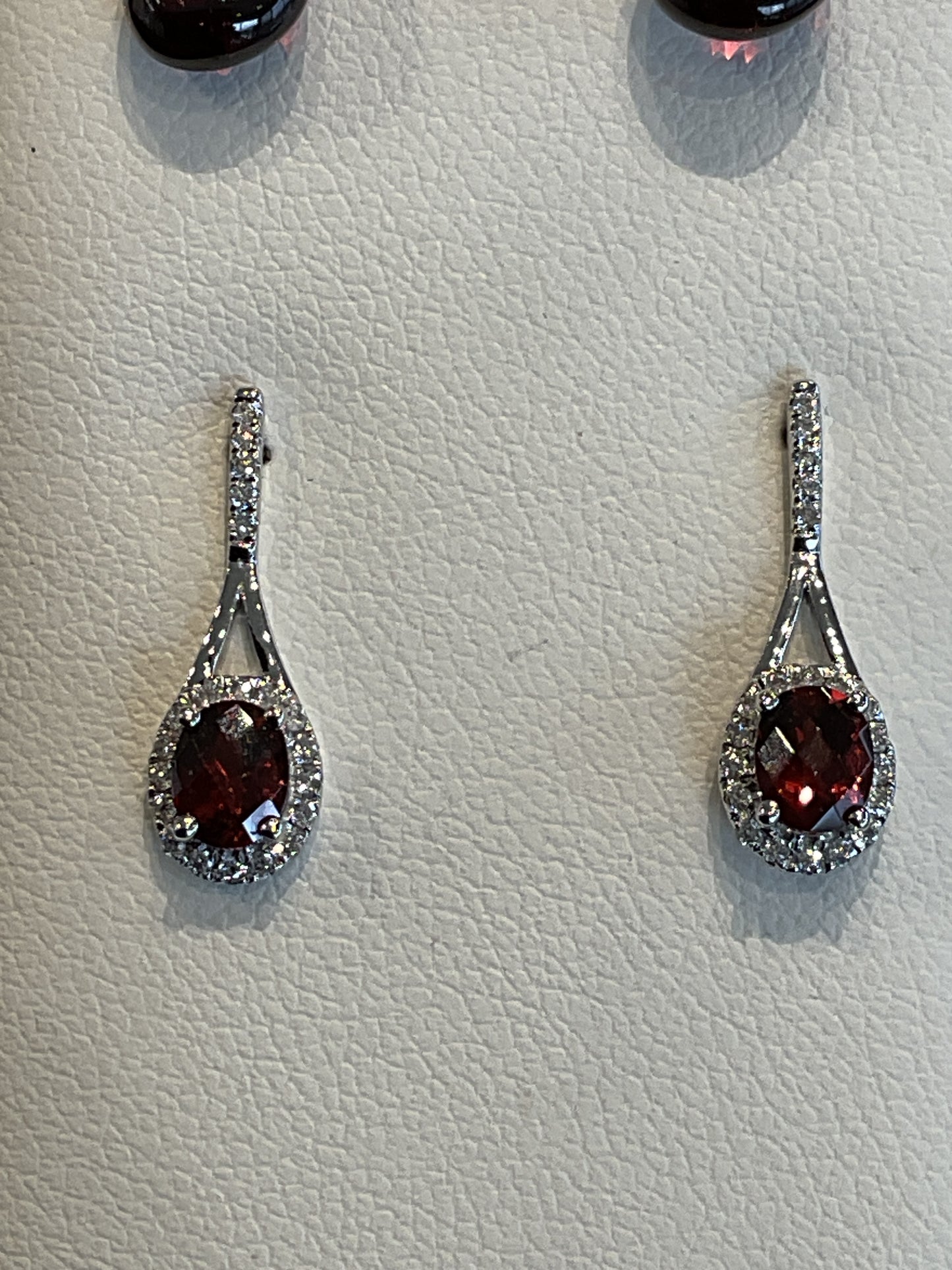 Oval Checkered Red Garnet 14KT White Gold Drop Stud Earrings Earrings with Round Brilliant Cut Diamond Border