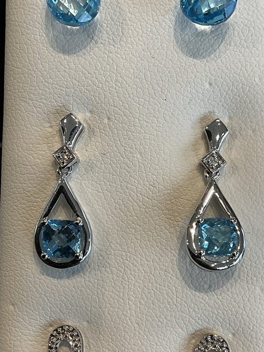 Cushion Cut Blue Topaz 14KT White Gold Drop Setting Stud Dangle Earrings with Single Round Brilliant Cut Diamond Accent