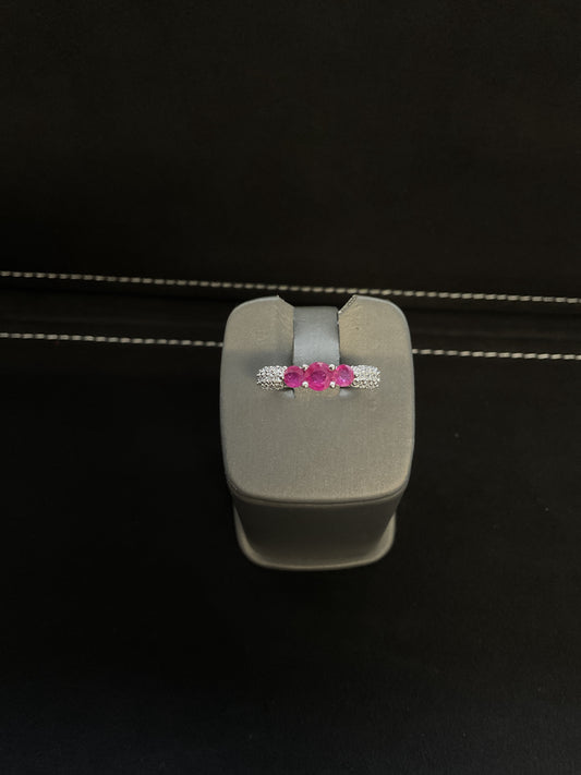 Round Cut Red Ruby Tri-Stone 14KT White Gold Ring with Round Brilliant Cut Diamonds