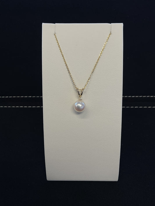Cultured Pearl with Single Diamond Accent 14KT Yellow Gold Necklace 18" Chain