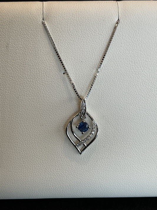 Round Cut Blue Sapphire with Round Brilliant Cut Diamond Accents 14KT White Gold Dancing Drop Necklace 16" 14KT White Gold Chain