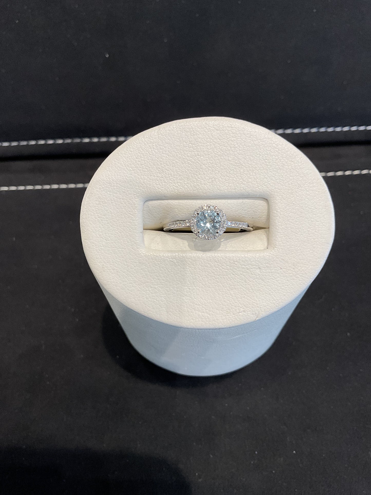 Round Cut Aquamarine 14KT White Gold Ring with Round Brilliant Cut Diamond Halo and Shank