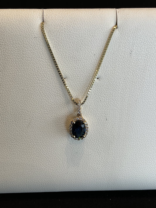 Oval Cut Blue Sapphire with Round Brilliant Cut Diamond Halo Setting 14KT Yellow Gold Necklace 18" 14KT Yellow Gold Chain