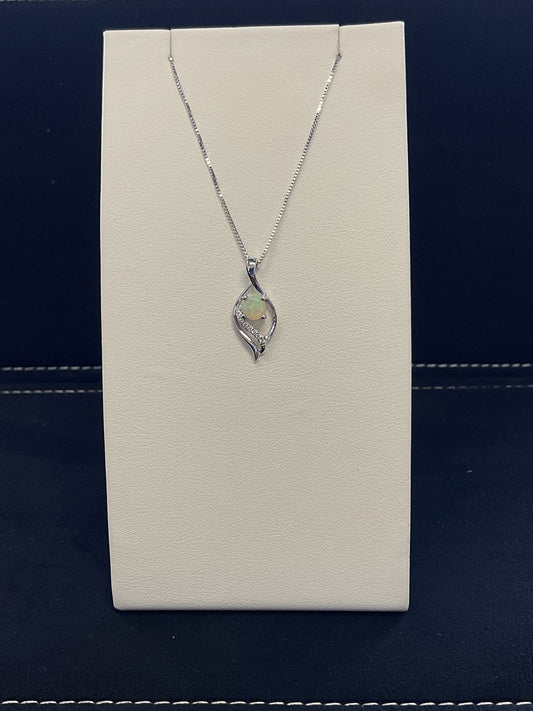 Round Opal 14KT White Gold Diamond Accents Fancy Necklace 18" 14KT White Gold Chain