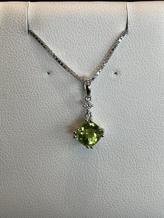 Checkerboard Cushion Cut Peridot 14KT White Gold Necklace with Single Round Brilliant Cut Diamond Accent 18" Chain