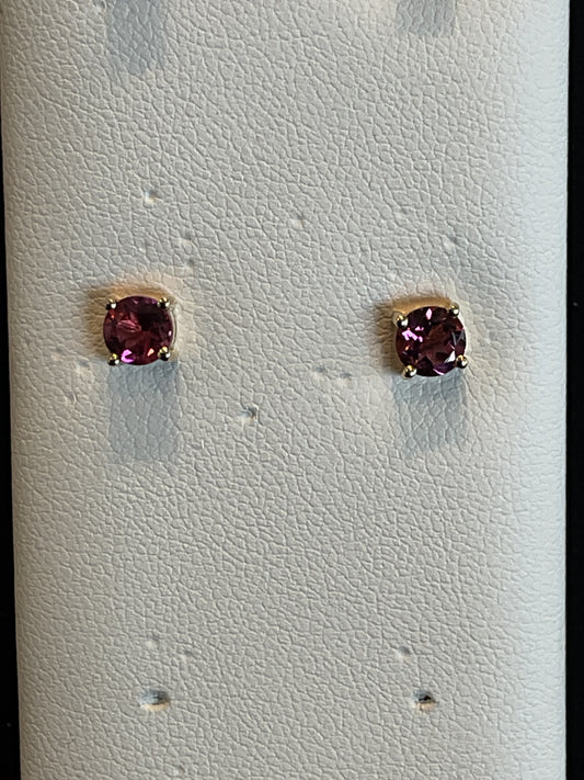 Round Cut Pink Tourmaline Prong Set 14KT Yellow Gold Stud Earrings