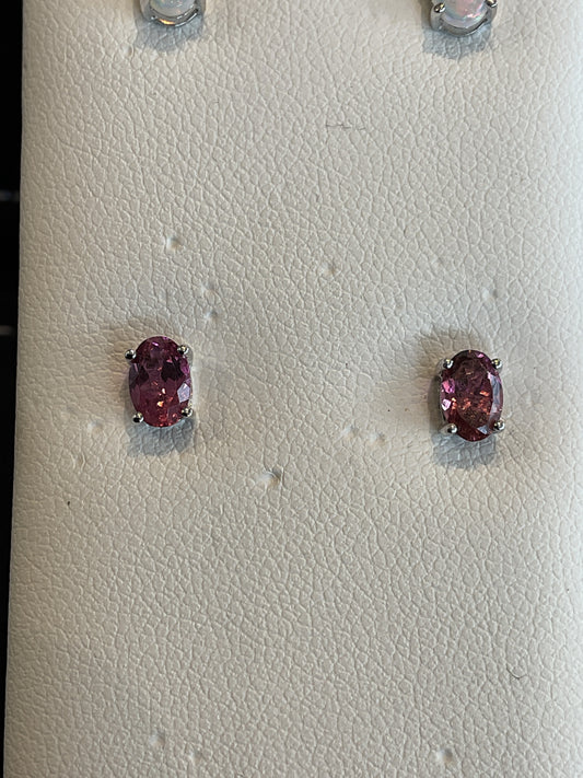 Oval Cut Pink Tourmaline Prong Set 14KT White Gold Stud Earrings