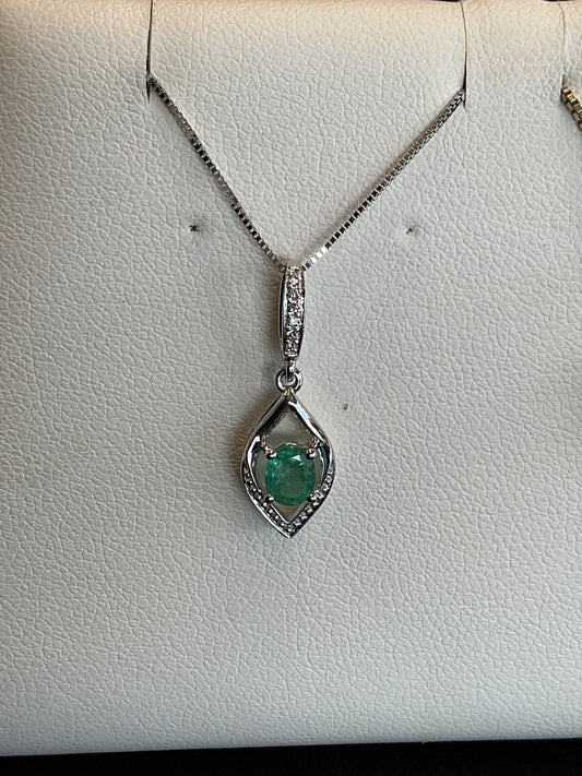 Oval Cut Emerald with Round Brilliant Cut Diamond Accents 14KT White Gold Drop Necklace