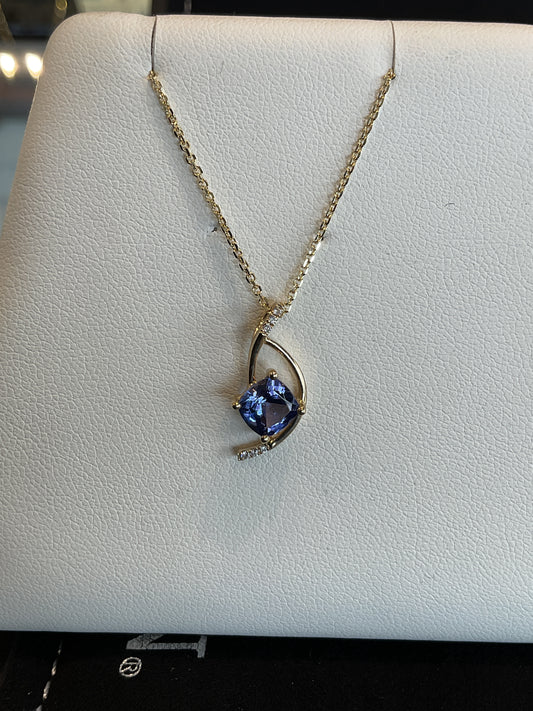 Cushion Cut Tanzanite with Round Brilliant Cut Diamond Accents set in 14KT Yellow Gold Abstract Design Necklace 18" 14KT Yellow Gold Chain