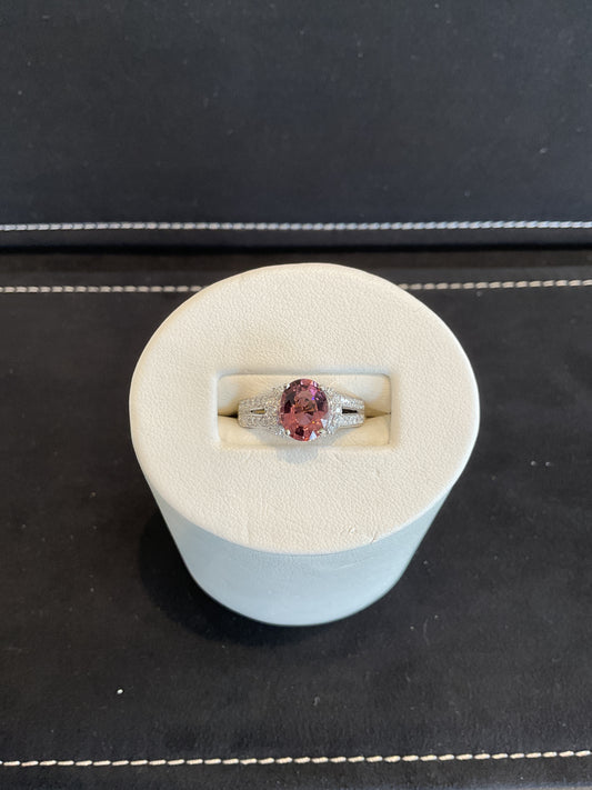 Oval Cut Pink Tourmaline Set in Fancy Round Brilliant Cut Diamond 14KT White Gold Ring