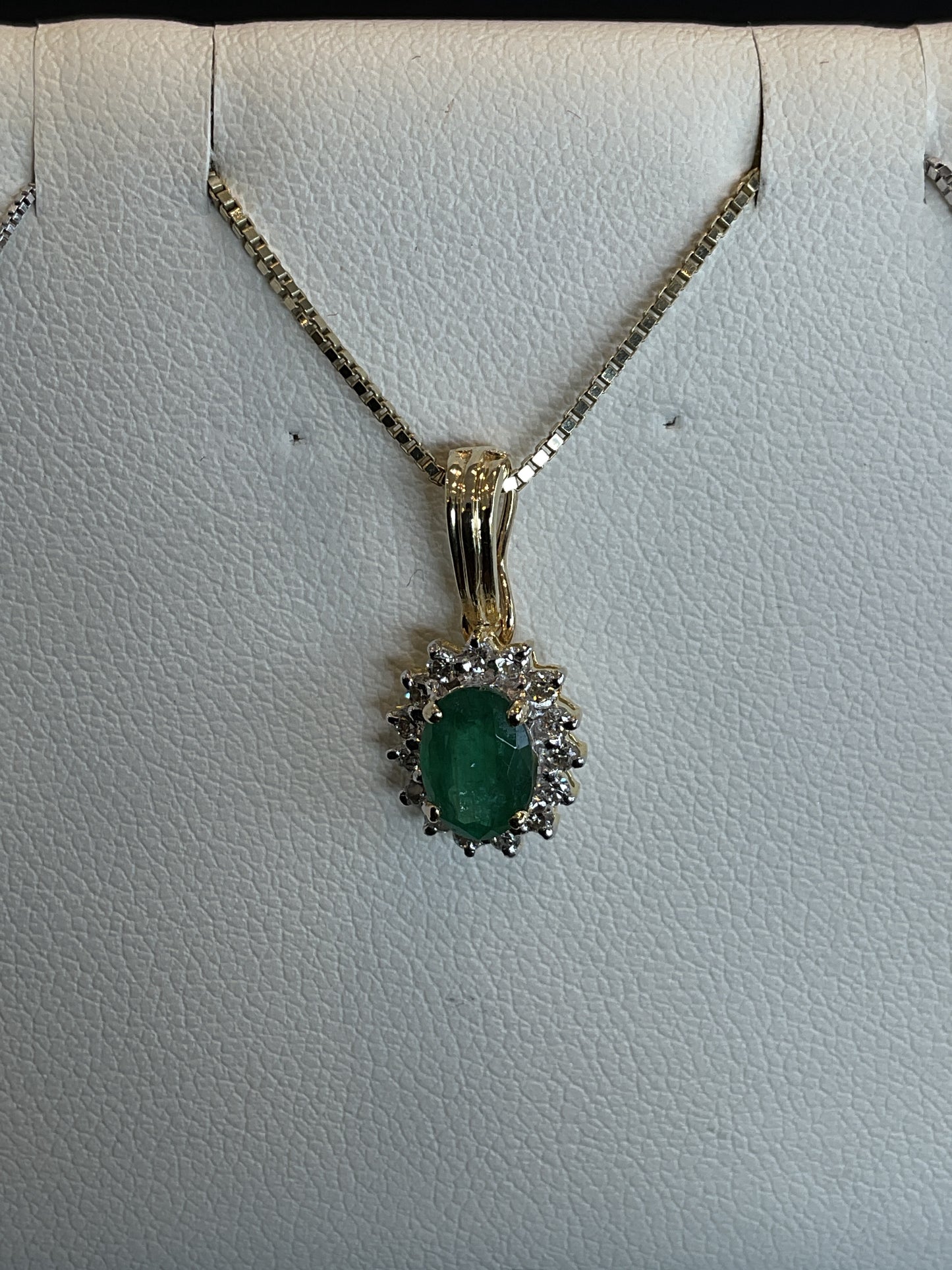 Oval Cut Emerald with Round Brilliant Cut Diamond Pronged Halo Setting 14KT Yellow Gold Necklace 18" 14KT Yellow Gold Necklace
