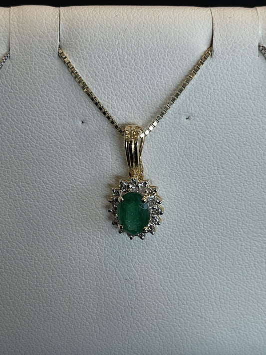 Oval Cut Emerald with Round Brilliant Cut Diamond Pronged Halo Setting 14KT Yellow Gold Necklace 18" 14KT Yellow Gold Necklace