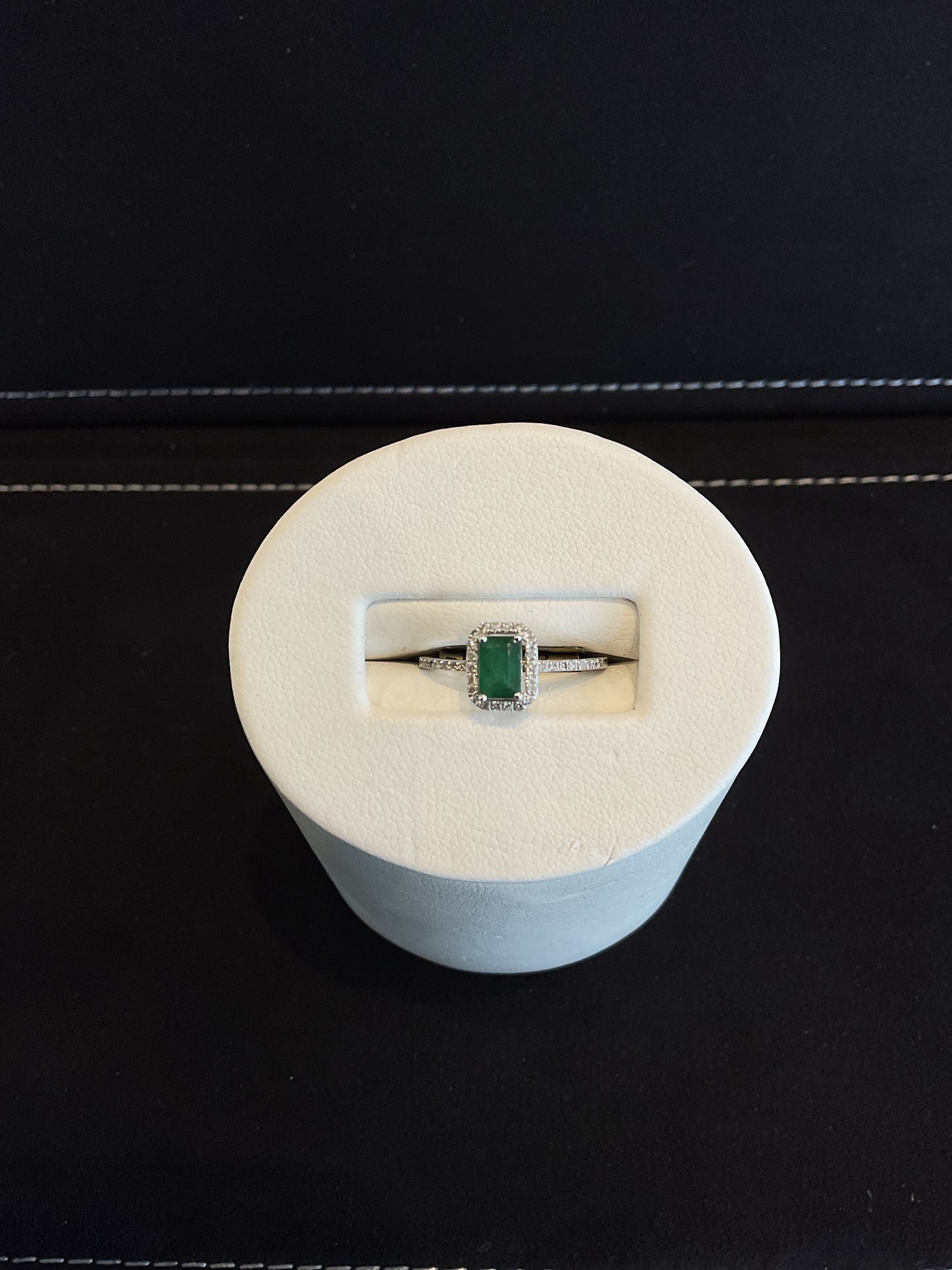Emerald Cut Emerald 14KT White Gold Ring with Round Brilliant Cut Diamond Halo and Shank