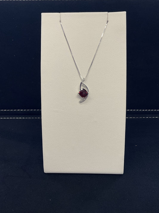 Cushion Checkered Cut Garnet 14KT White Gold Diamond Abstract Necklace 18" 14KT White Gold Chain