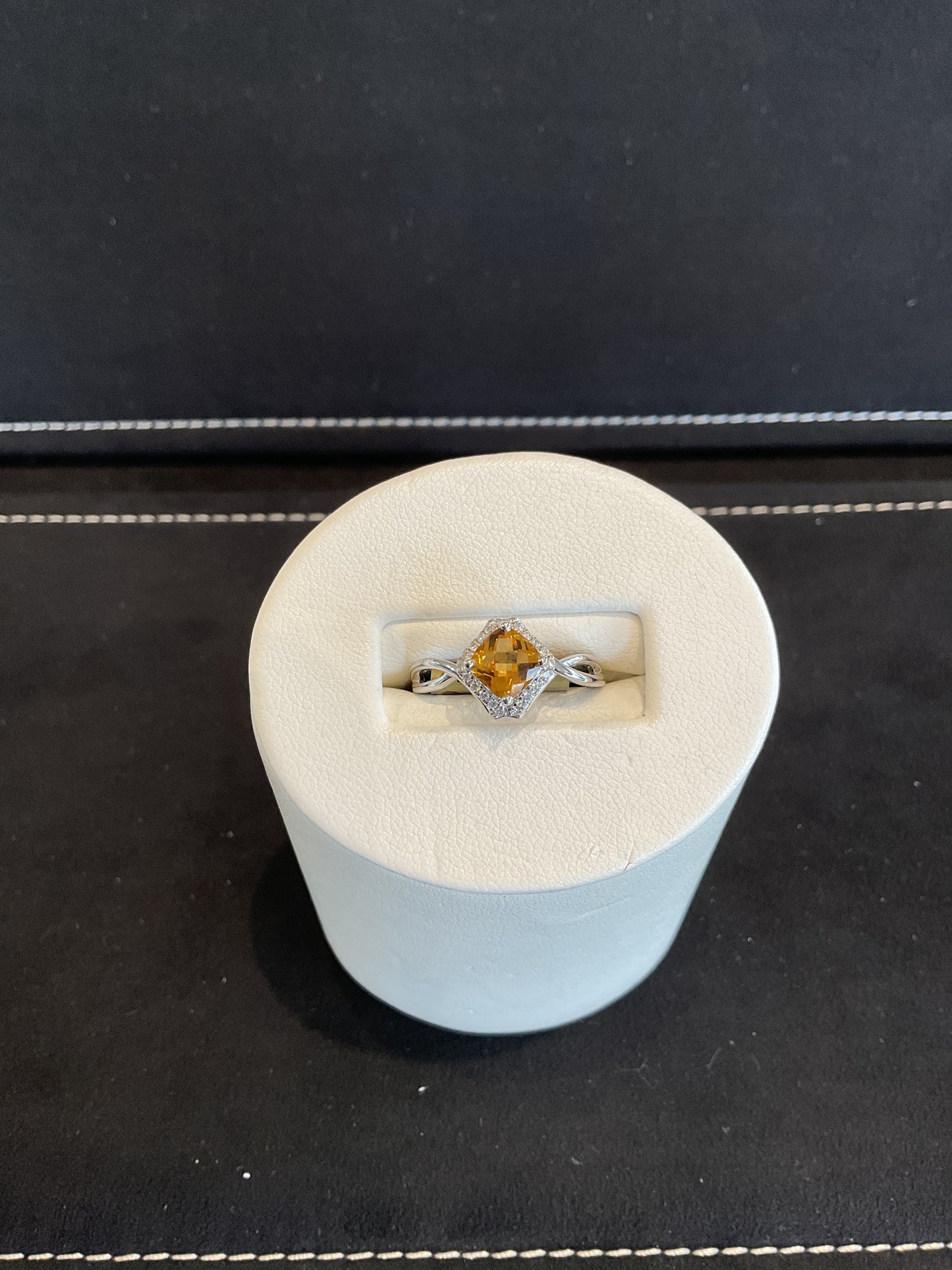 Cushion Cut Citrine with Round Brilliant Cut Diamond Halo and Shank 14KT White Gold Fancy Ring