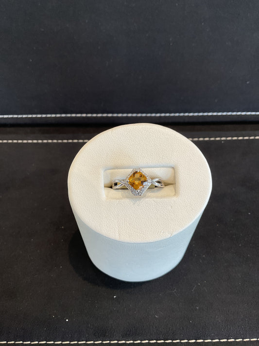 Cushion Cut Citrine with Round Brilliant Cut Diamond Halo and Shank 14KT White Gold Fancy Ring