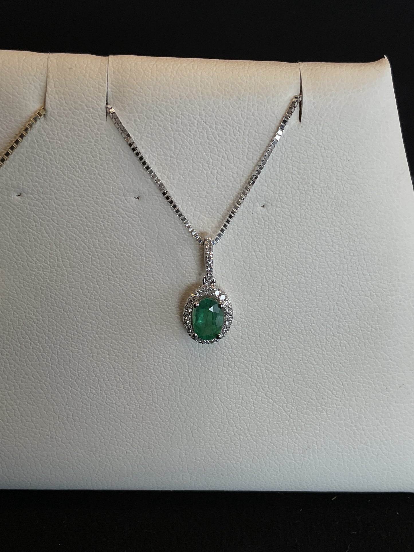 Oval Cut Emerald with Round Brilliant Cut Diamond Halo Setting 14KT White Gold Necklace 18" 14KT White Gold Chain