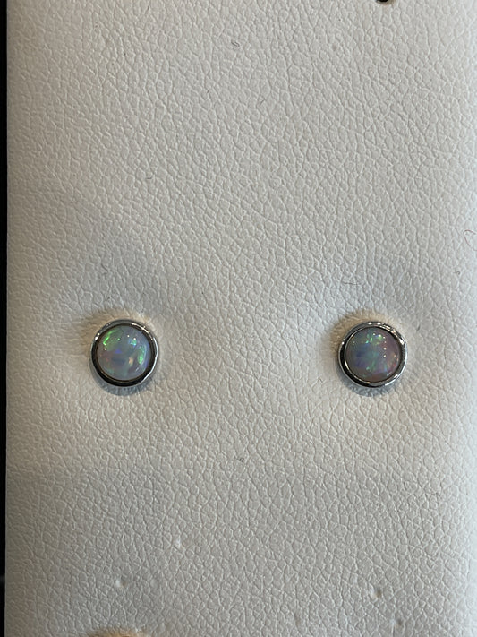 Round Cut Bezel Set Opal 14KT White Gold Stud Earrings