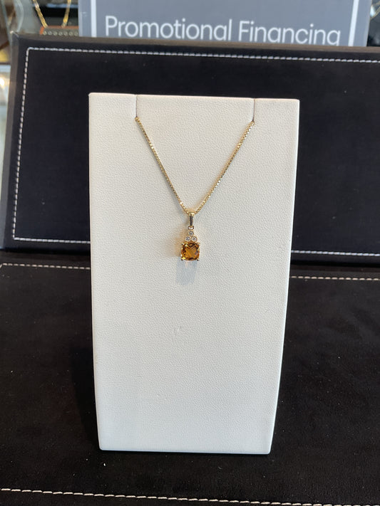 Checkered Cushion Cut Citrine with Round Brilliant Cut Bezel Set Diamonds 14KT Yellow Gold Necklace 18" 10KT Yellow Gold Chain