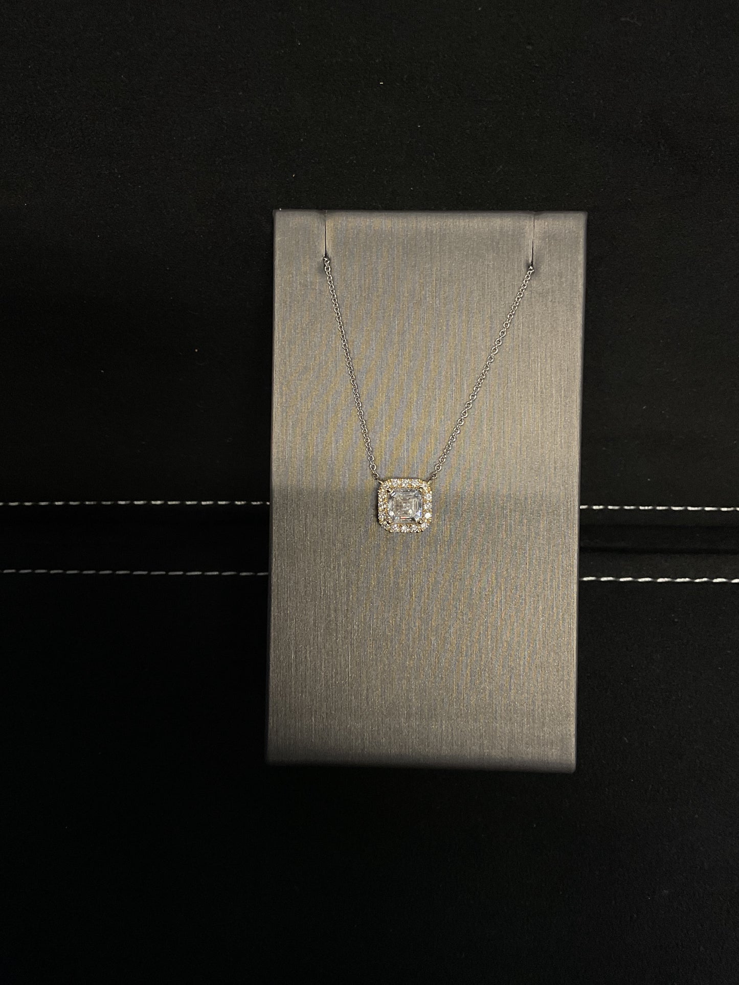 1.22CTW Ascher Cut Lab Grown Diamond 14KT Yellow Gold Necklace with Round Brilliant Cut Lab Grown Diamond Halo 18" 14KT White Gold Chain