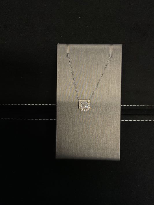 1.22CTW Ascher Cut Lab Grown Diamond 14KT Yellow Gold Necklace with Round Brilliant Cut Lab Grown Diamond Halo 18" 14KT White Gold Chain