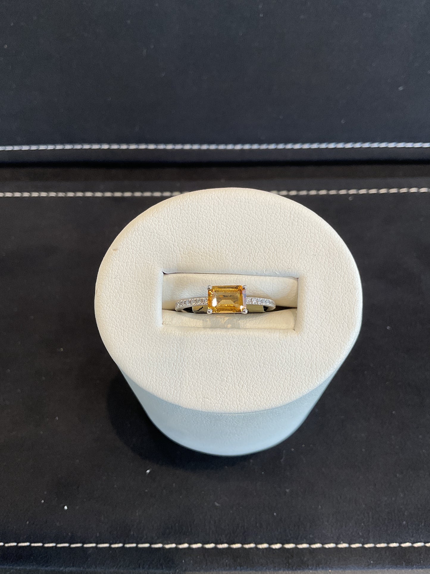 Emerald Cut Citrine 14KT White Gold Ring with Round Brilliant Cut Diamond Shank