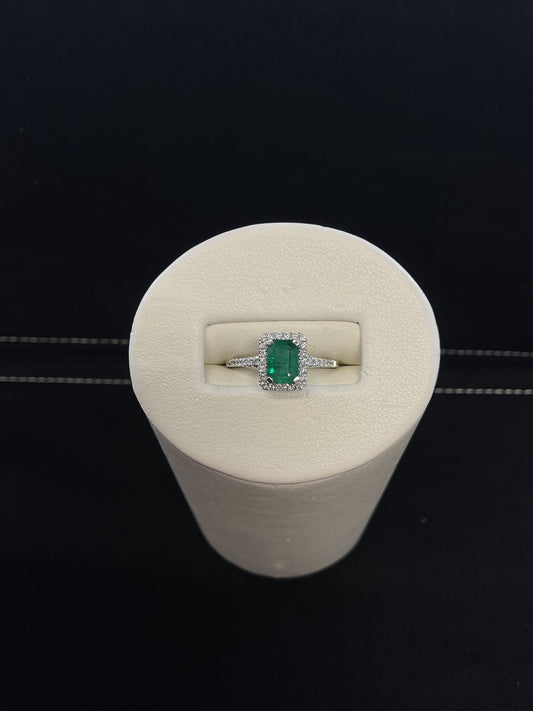 Emerald Cut Emerald 14KT White Gold Ring with Diamond Halo and Shank