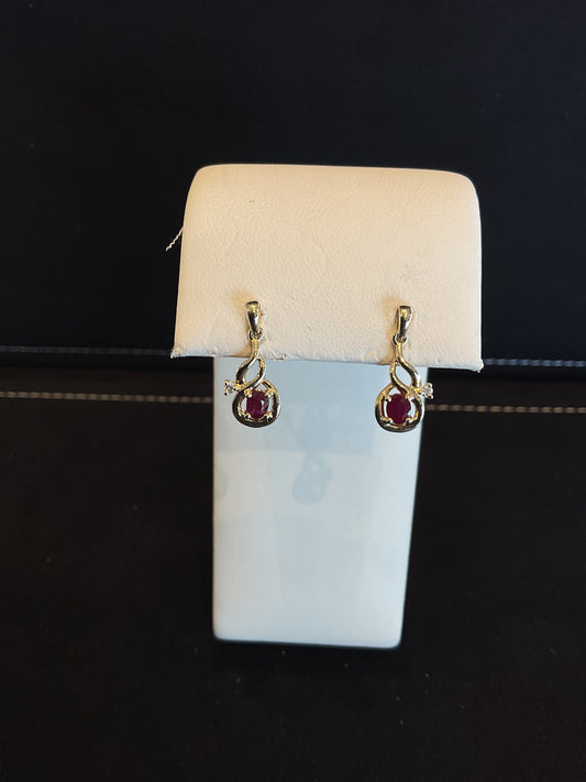 Oval Cut Red Ruby 14KT Yellow Gold Free Form Teardrop Style Stud Dangle Earring with Single Diamond Accent
